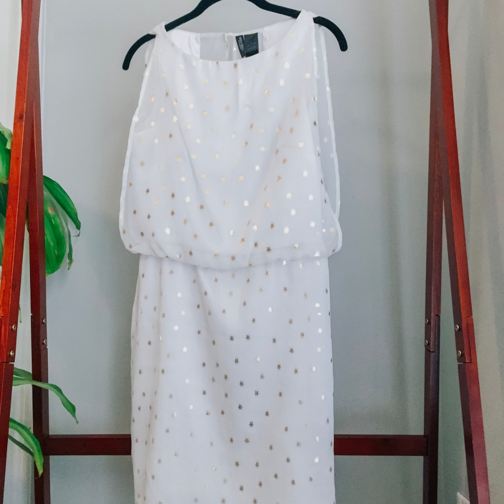 White & Gold Chiffon Shift Dress with Cutout Back